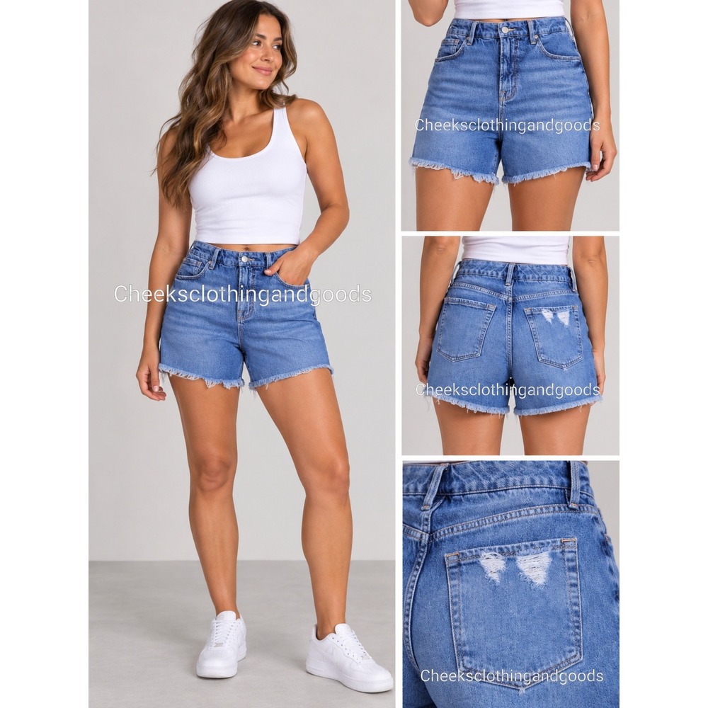 Good American High Waisted Denim Shorts Medium Wash Raw Hem Size 8/29